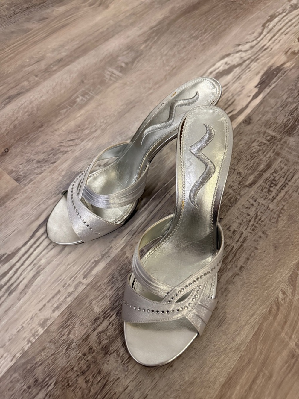 Nina Silver Rhinestone Accent Slide Heels